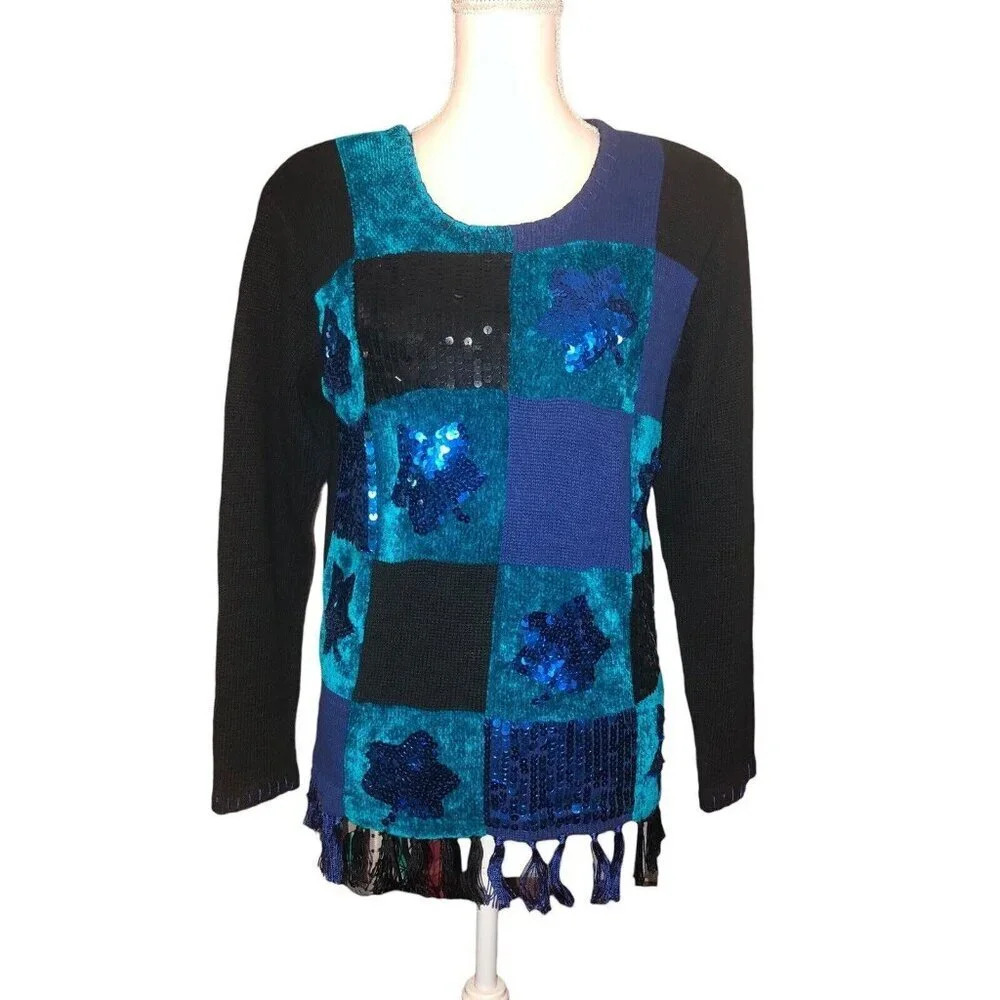 Vintage VICTORIA HARBOUR Sz S Women's Black Blue Sequins Leaf Fringe Sweater NWT